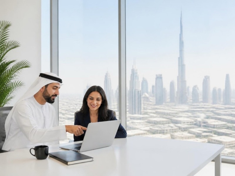 An advisor and a business owner looking at a laptop together in a Dubai office